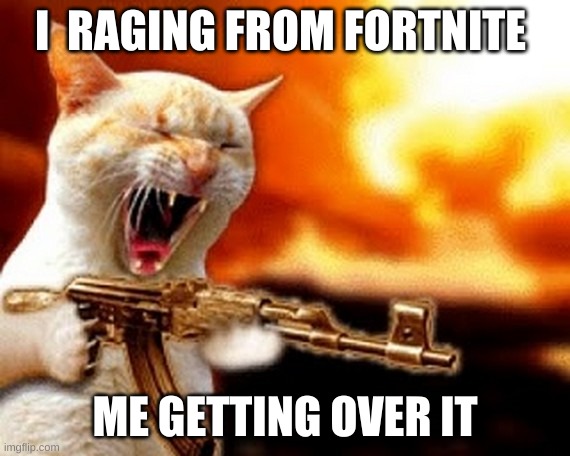 machine gun cat | I  RAGING FROM FORTNITE; ME GETTING OVER IT | image tagged in machine gun cat | made w/ Imgflip meme maker
