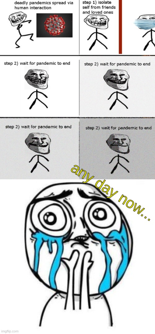 *looks at watch* any day now... | any day now... | image tagged in crying troll face | made w/ Imgflip meme maker