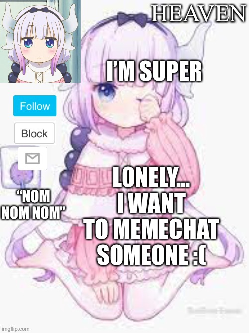 I’m sad | I’M SUPER; LONELY... I WANT TO MEMECHAT SOMEONE :( | image tagged in heavens template | made w/ Imgflip meme maker