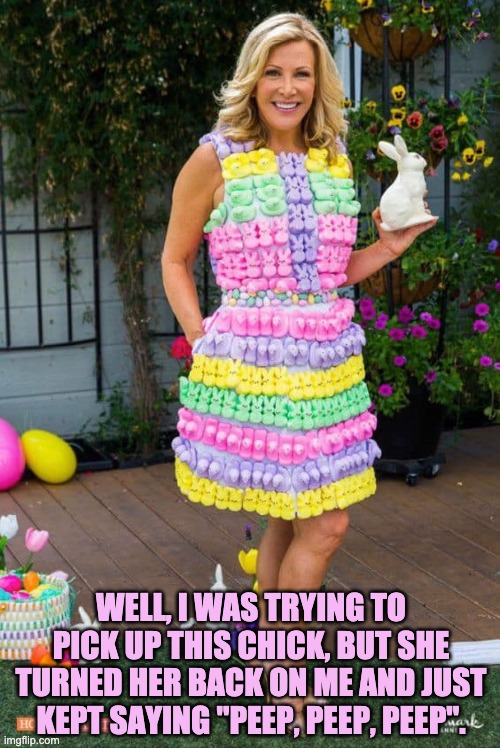 Peep | WELL, I WAS TRYING TO PICK UP THIS CHICK, BUT SHE TURNED HER BACK ON ME AND JUST KEPT SAYING "PEEP, PEEP, PEEP". | image tagged in easter | made w/ Imgflip meme maker