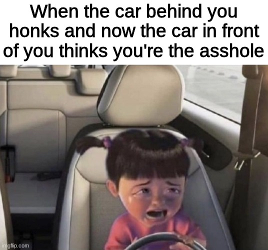 Boo in a Car | When the car behind you honks and now the car in front of you thinks you're the asshole | image tagged in boo in a car | made w/ Imgflip meme maker
