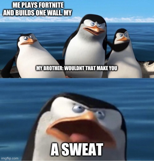 Wouldn't that make you |  ME PLAYS FORTNITE AND BUILDS ONE WALL. MY; MY BROTHER: WOULDNT THAT MAKE YOU; A SWEAT | image tagged in wouldn't that make you | made w/ Imgflip meme maker
