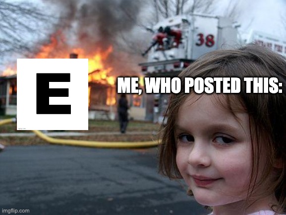 E | ME, WHO POSTED THIS: | image tagged in memes,disaster girl | made w/ Imgflip meme maker