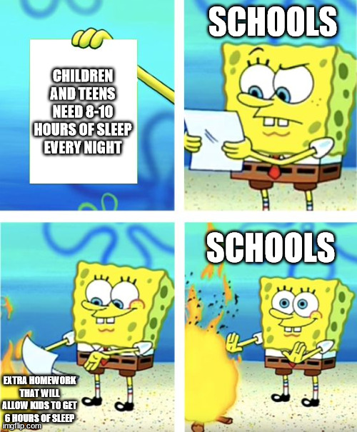my school wasn't like this tho lol | SCHOOLS; CHILDREN AND TEENS NEED 8-10 HOURS OF SLEEP EVERY NIGHT; SCHOOLS; EXTRA HOMEWORK THAT WILL ALLOW KIDS TO GET 6 HOURS OF SLEEP | image tagged in spongebob burning paper | made w/ Imgflip meme maker