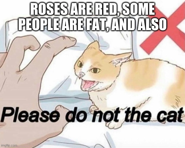 Please do not the cat | ROSES ARE RED, SOME PEOPLE ARE FAT, AND ALSO | image tagged in please do not the cat | made w/ Imgflip meme maker