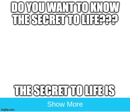 Mystery solved! | DO YOU WANT TO KNOW THE SECRET TO LIFE??? THE SECRET TO LIFE IS | image tagged in blank white template | made w/ Imgflip meme maker