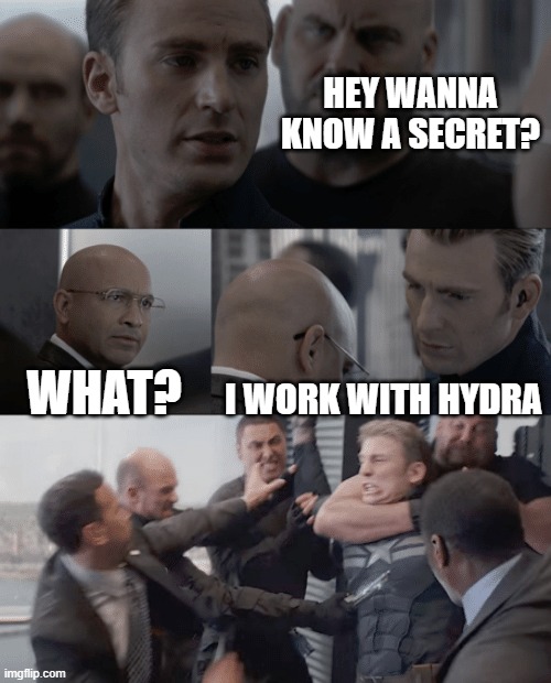 I work with hydra | HEY WANNA KNOW A SECRET? WHAT? I WORK WITH HYDRA | image tagged in captain america elevator | made w/ Imgflip meme maker