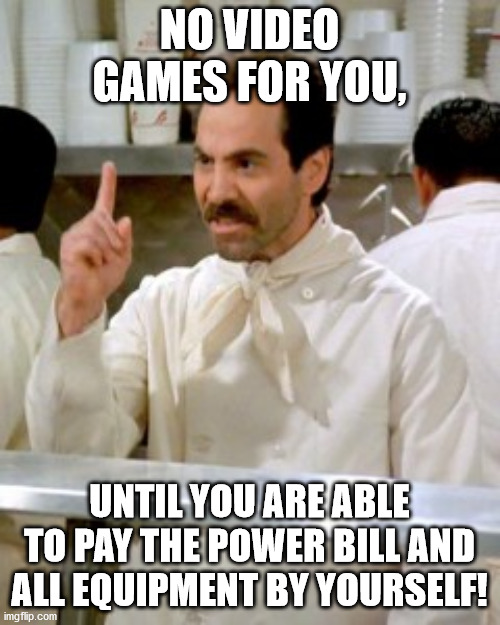 No Soup For You | NO VIDEO GAMES FOR YOU, UNTIL YOU ARE ABLE TO PAY THE POWER BILL AND ALL EQUIPMENT BY YOURSELF! | image tagged in no soup for you | made w/ Imgflip meme maker