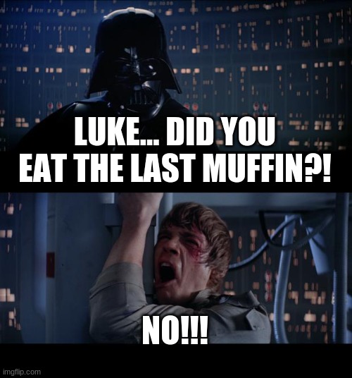 Star Wars No Meme | LUKE... DID YOU EAT THE LAST MUFFIN?! NO!!! | image tagged in memes,star wars no | made w/ Imgflip meme maker