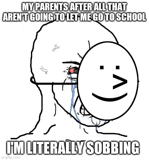 Pretending To Be Happy, Hiding Crying Behind A Mask | MY PARENTS AFTER ALL THAT AREN'T GOING TO LET ME GO TO SCHOOL; I'M LITERALLY SOBBING | image tagged in pretending to be happy hiding crying behind a mask | made w/ Imgflip meme maker