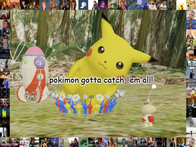 pokimon gotta catch 'em all | pokimon gotta catch 'em all! | image tagged in pikmin carrying pikachu,pikachu,pokemon | made w/ Imgflip meme maker