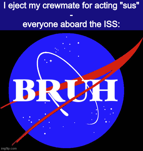 bruh | I eject my crewmate for acting "sus"
-
everyone aboard the ISS: | image tagged in nasa bruh moment | made w/ Imgflip meme maker