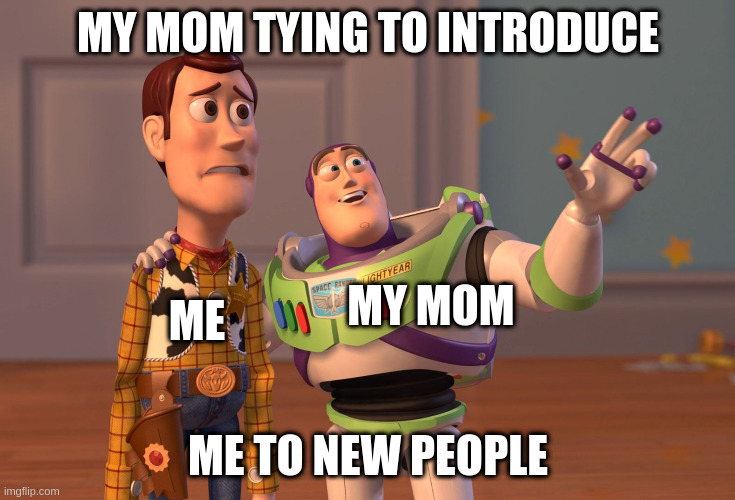 Me everytime my mom makes me socialize | MY MOM TYING TO INTRODUCE; MY MOM; ME; ME TO NEW PEOPLE | image tagged in memes,x x everywhere | made w/ Imgflip meme maker