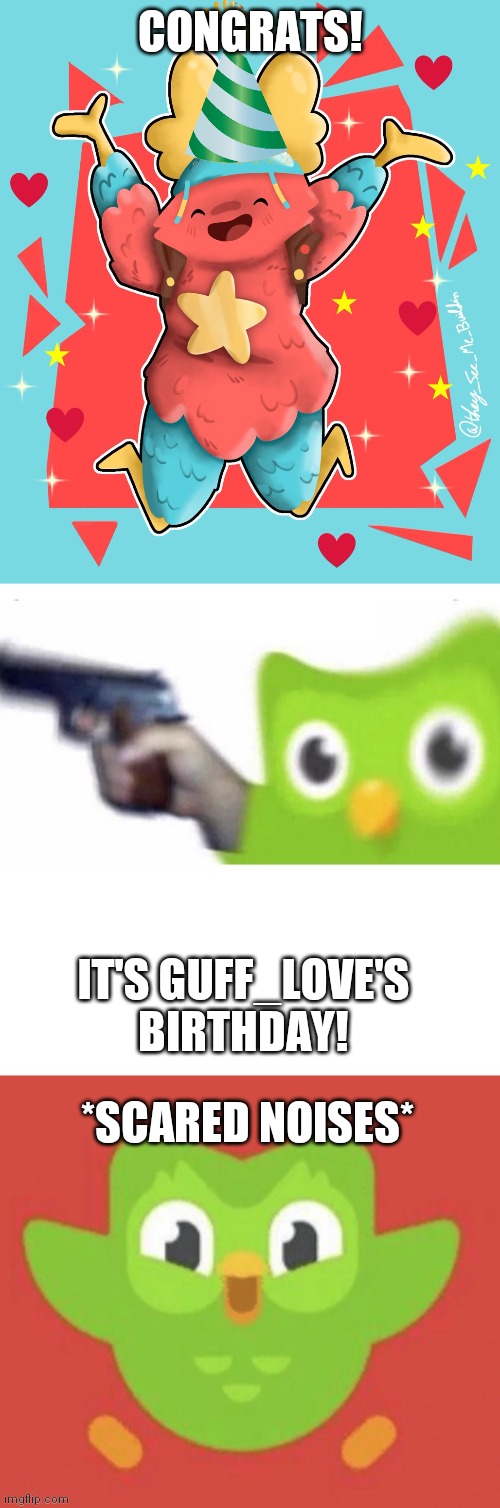 CONGRATS! IT'S GUFF_LOVE'S BIRTHDAY! *SCARED NOISES* | image tagged in leguffgamermemer,scared duolingo bird | made w/ Imgflip meme maker