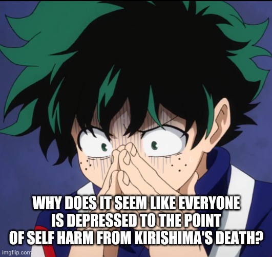 I'M SAD TOO, BUT DONT HURT YOURSELVES, PLEASE!!! | WHY DOES IT SEEM LIKE EVERYONE IS DEPRESSED TO THE POINT OF SELF HARM FROM KIRISHIMA'S DEATH? | image tagged in suffering deku | made w/ Imgflip meme maker