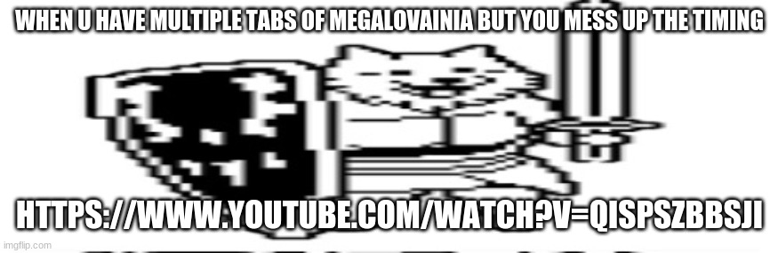 wide lesser dog | WHEN U HAVE MULTIPLE TABS OF MEGALOVAINIA BUT YOU MESS UP THE TIMING; HTTPS://WWW.YOUTUBE.COM/WATCH?V=QISPSZBBSJI | image tagged in wide lesser dog | made w/ Imgflip meme maker