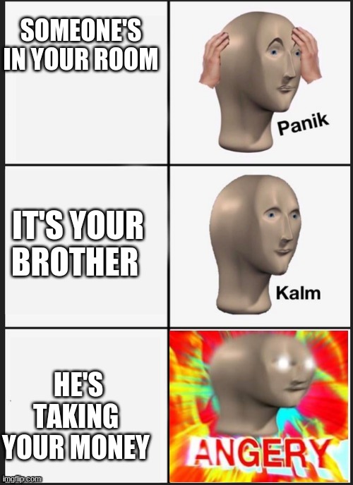 Panik Kalm Angery | SOMEONE'S IN YOUR ROOM; IT'S YOUR BROTHER; HE'S TAKING YOUR MONEY | image tagged in panik kalm angery | made w/ Imgflip meme maker