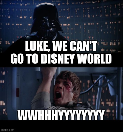 Star Wars No | LUKE, WE CAN'T GO TO DISNEY WORLD; WWHHHYYYYYYYY | image tagged in memes,star wars no | made w/ Imgflip meme maker