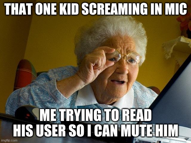 Grandma Finds The Internet Meme | THAT ONE KID SCREAMING IN MIC; ME TRYING TO READ HIS USER SO I CAN MUTE HIM | image tagged in memes,grandma finds the internet | made w/ Imgflip meme maker