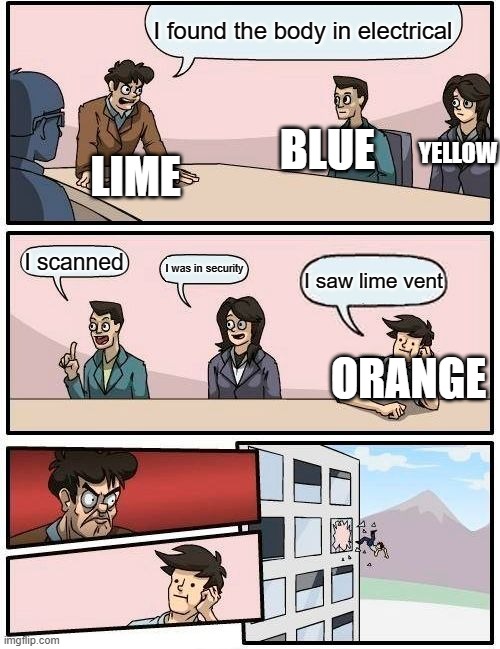 ok it may not be that good but yeah that just happened to me | I found the body in electrical; YELLOW; BLUE; LIME; I scanned; I was in security; I saw lime vent; ORANGE | image tagged in memes,boardroom meeting suggestion | made w/ Imgflip meme maker