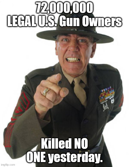 72 Million Gun Owners Killed No One. | 72,000,000 LEGAL U.S. Gun Owners; Killed NO ONE yesterday. | image tagged in gunny r lee ermey,guns,gun owners | made w/ Imgflip meme maker
