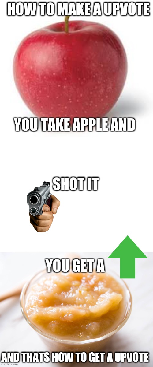 how to get a upvote | HOW TO MAKE A UPVOTE; YOU TAKE APPLE AND; SHOT IT; YOU GET A; AND THATS HOW TO GET A UPVOTE | image tagged in blank white template,upvotes | made w/ Imgflip meme maker