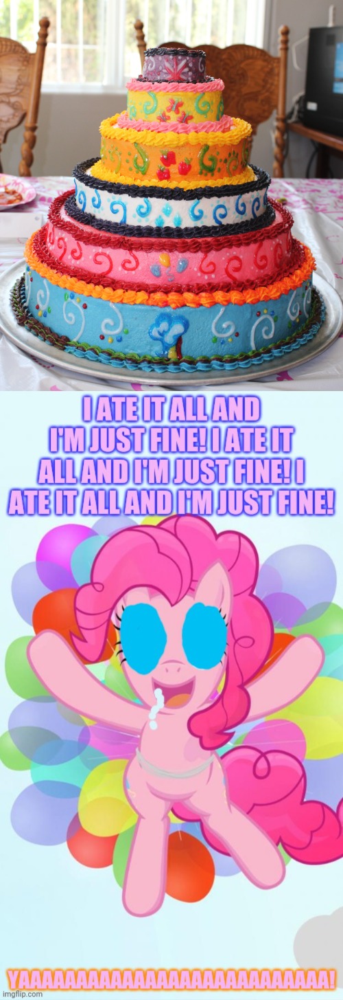 Sugar Rush! | image tagged in my little pony,excited pinkie pie,giant,cake,dont try this at home | made w/ Imgflip meme maker