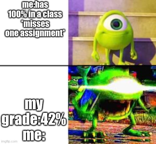 Mad mike vs normal mike | me:has 100% in a class *misses one assignment*; my grade:42% me: | image tagged in mad mike vs normal mike | made w/ Imgflip meme maker