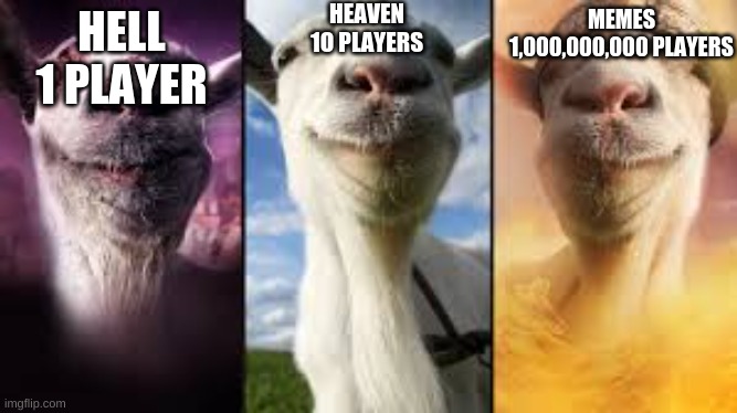 Goat simulator bundle | MEMES
1,000,000,000 PLAYERS; HEAVEN
1O PLAYERS; HELL
1 PLAYER | image tagged in goat simulator bundle | made w/ Imgflip meme maker