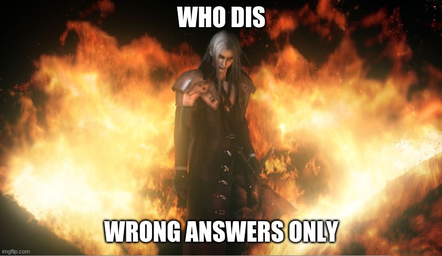 Sephiroth in Fire | WHO DIS; WRONG ANSWERS ONLY | image tagged in sephiroth in fire | made w/ Imgflip meme maker