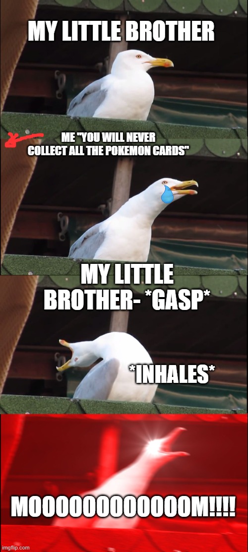 Inhaling Seagull Meme | MY LITTLE BROTHER; ME "YOU WILL NEVER COLLECT ALL THE POKEMON CARDS"; MY LITTLE BROTHER- *GASP*; *INHALES*; MOOOOOOOOOOOOM!!!! | image tagged in memes,inhaling seagull | made w/ Imgflip meme maker