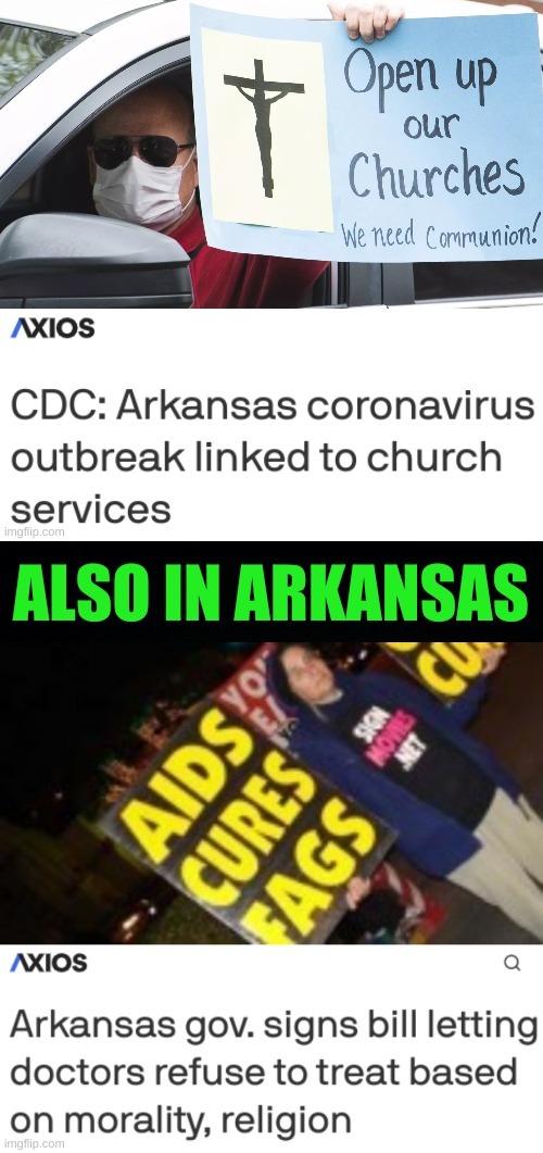 image tagged in news,arkansas,conservative hypocrisy,aids,church,covid-19 | made w/ Imgflip meme maker