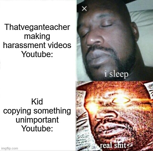 Sleeping Shaq | Thatveganteacher making harassment videos
Youtube:; Kid copying something unimportant
Youtube: | image tagged in memes,sleeping shaq | made w/ Imgflip meme maker