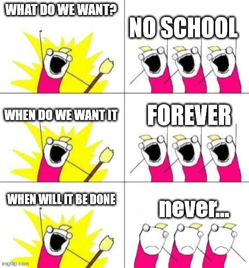 What do we want bummed out | NO SCHOOL; WHAT DO WE WANT? WHEN DO WE WANT IT; FOREVER; WHEN WILL IT BE DONE; never... | image tagged in what do we want bummed out,no school | made w/ Imgflip meme maker
