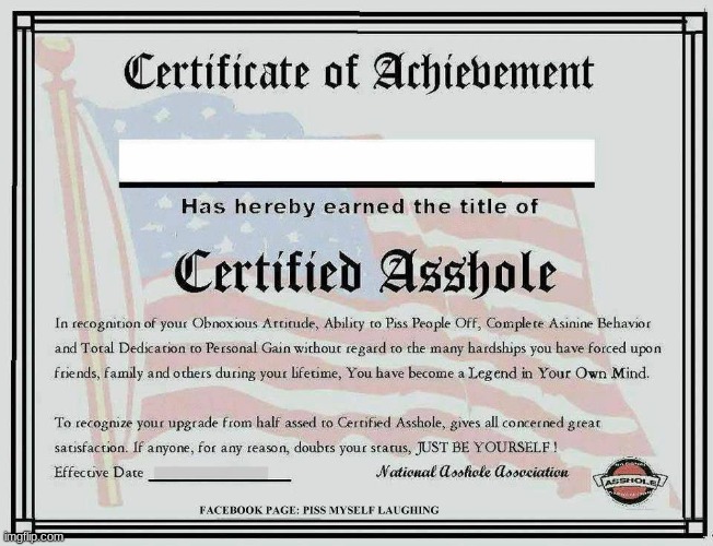 Certified Asshole | image tagged in certified asshole | made w/ Imgflip meme maker