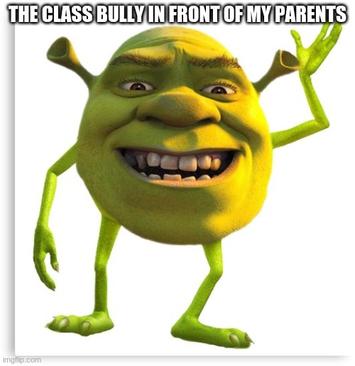shreck | THE CLASS BULLY IN FRONT OF MY PARENTS | image tagged in shreck | made w/ Imgflip meme maker