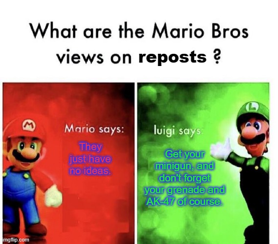 Everyone goes with luigi. | reposts; Get your minigun, and don't forget your grenade and AK-47 of course. They just have no ideas. | image tagged in mario bros views,luigi | made w/ Imgflip meme maker