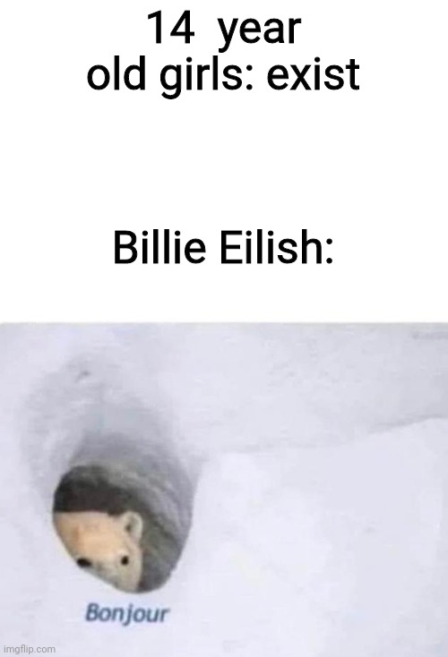 Bonjour | 14  year old girls: exist; Billie Eilish: | image tagged in bonjour,not really a gif,funny,funny memes,billie eilish | made w/ Imgflip meme maker