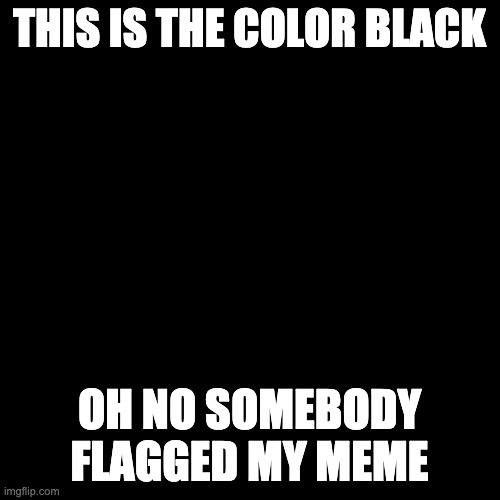 Blank Transparent Square Meme | THIS IS THE COLOR BLACK OH NO SOMEBODY FLAGGED MY MEME | image tagged in memes,blank transparent square | made w/ Imgflip meme maker