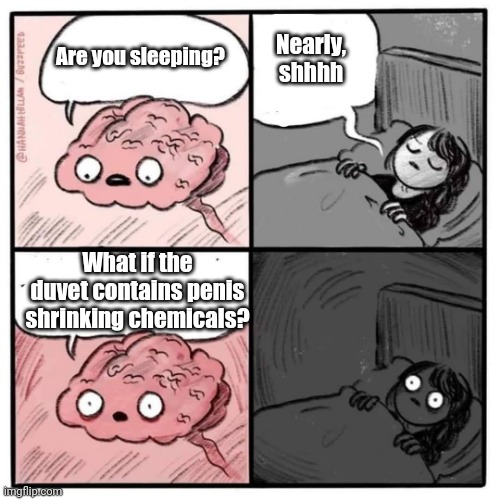 Shrinking penis are you sleeping | Nearly, shhhh; Are you sleeping? What if the duvet contains penis shrinking chemicals? | image tagged in are you sleeping brain,penis shrinking,chemicals,phthalates | made w/ Imgflip meme maker