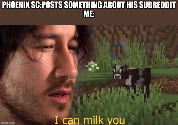 I can milk you (template) | PHOENIX SC:POSTS SOMETHING ABOUT HIS SUBREDDIT
ME: | image tagged in i can milk you template | made w/ Imgflip meme maker
