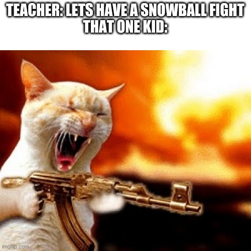 machine gun cat | TEACHER: LETS HAVE A SNOWBALL FIGHT
THAT ONE KID: | image tagged in machine gun cat | made w/ Imgflip meme maker