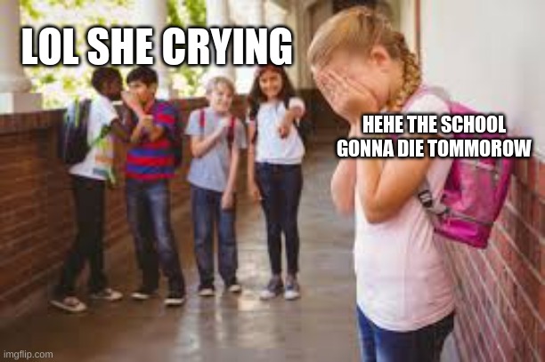 lol |  LOL SHE CRYING; HEHE THE SCHOOL GONNA DIE TOMMOROW | image tagged in stop bullying,memes,quiet kid | made w/ Imgflip meme maker