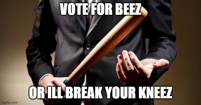 baseball bat | VOTE FOR BEEZ OR ILL BREAK YOUR KNEEZ | image tagged in baseball bat | made w/ Imgflip meme maker