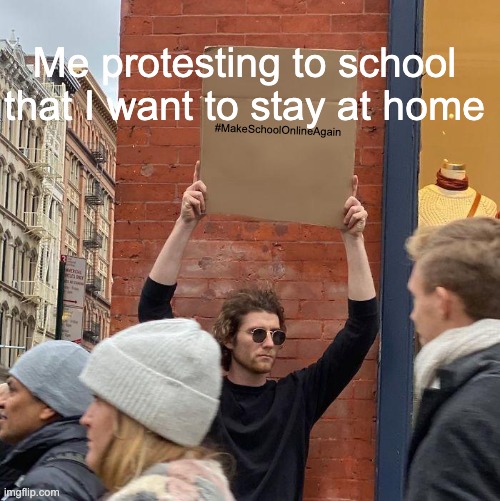 #MakeSchoolOnlineAgain Me protesting to school that I want to stay at home | image tagged in memes,guy holding cardboard sign | made w/ Imgflip meme maker