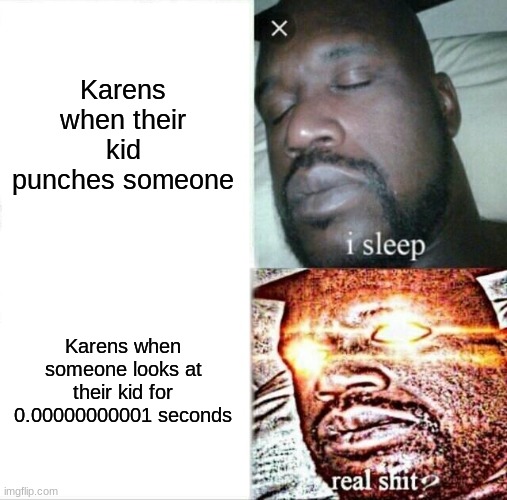 Sleeping Shaq | Karens when their kid punches someone; Karens when someone looks at their kid for 0.00000000001 seconds | image tagged in memes,sleeping shaq | made w/ Imgflip meme maker