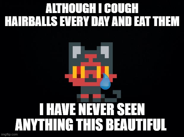 Black background | ALTHOUGH I COUGH HAIRBALLS EVERY DAY AND EAT THEM I HAVE NEVER SEEN ANYTHING THIS BEAUTIFUL | image tagged in black background | made w/ Imgflip meme maker