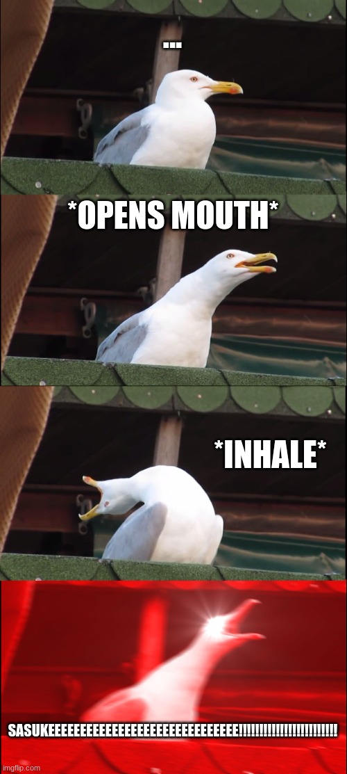 Inhaling Seagull | ... *OPENS MOUTH*; *INHALE*; SASUKEEEEEEEEEEEEEEEEEEEEEEEEEEEEEE!!!!!!!!!!!!!!!!!!!!!!!! | image tagged in memes,inhaling seagull | made w/ Imgflip meme maker