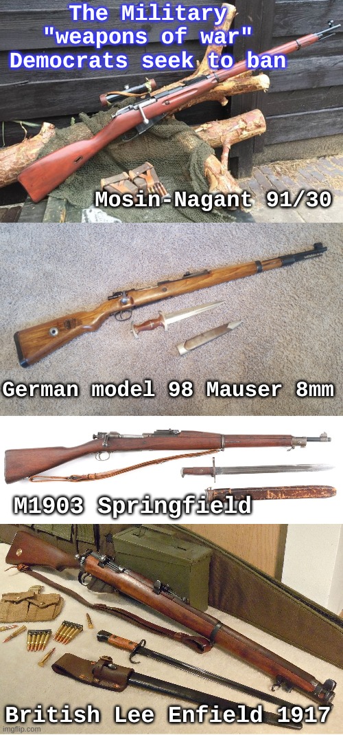 Military Weapons of War Democrats seek to ban | The Military "weapons of war" Democrats seek to ban; Mosin-Nagant 91/30; German model 98 Mauser 8mm; M1903 Springfield; British Lee Enfield 1917 | image tagged in rifles,self-defense,second amendment,democrats,constitution,republicans | made w/ Imgflip meme maker