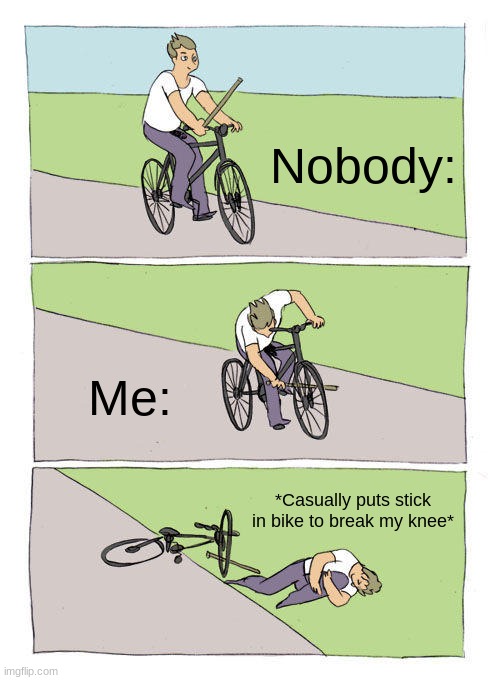 why | Nobody:; Me:; *Casually puts stick in bike to break my knee* | image tagged in memes,bike fall | made w/ Imgflip meme maker